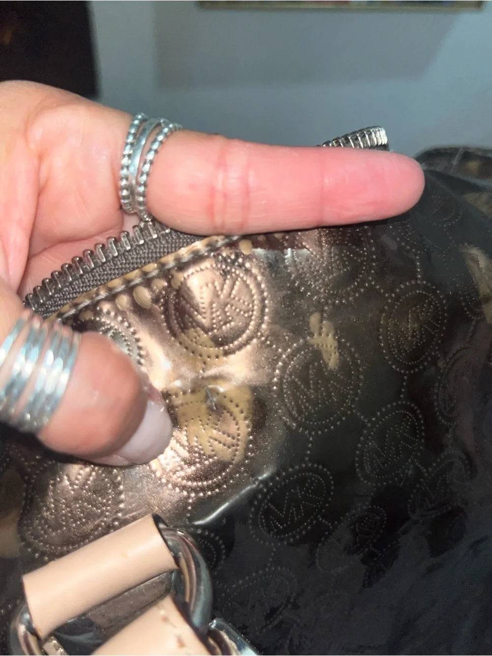 Michael Kors Black Logo-Embossed Satchel with Pale Pink Handles